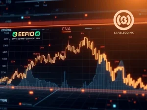 Ethena ENA token price chart surging upwards amidst a strategic buyback, symbolizing market confidence and the launch of StablecoinX.