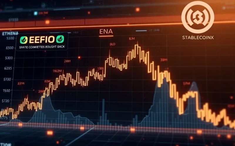 Ethena ENA token price chart surging upwards amidst a strategic buyback, symbolizing market confidence and the launch of StablecoinX.