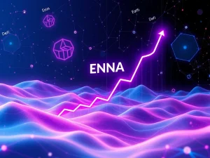 Ethena ENA token's explosive growth in the DeFi market with rising graph and blockchain elements