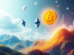 Illustrates Ethereum news driving explosive 10x gains across the cryptocurrency market, with symbols of Solana and other major altcoins.