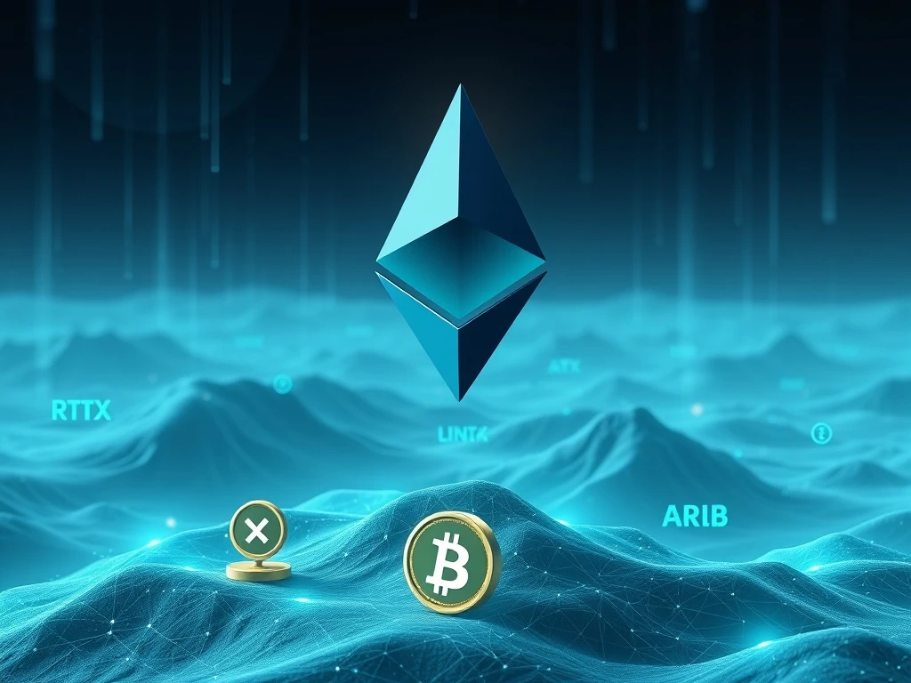 Ethereum and altcoin rally contenders RTX, LINK, and ARB in a dynamic crypto market scene.