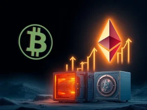 Bit Digital's strategic pivot to Ethereum (ETH) symbolized by a large ETH logo and upward financial charts, indicating a significant ETH investment.