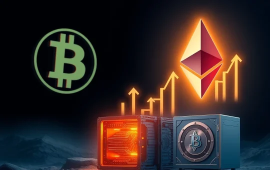 Bit Digital's strategic pivot to Ethereum (ETH) symbolized by a large ETH logo and upward financial charts, indicating a significant ETH investment.