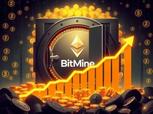 A digital vault overflowing with Ether symbols, representing BitMine's record-breaking ETH holdings and its new status as the largest Ethereum treasury.