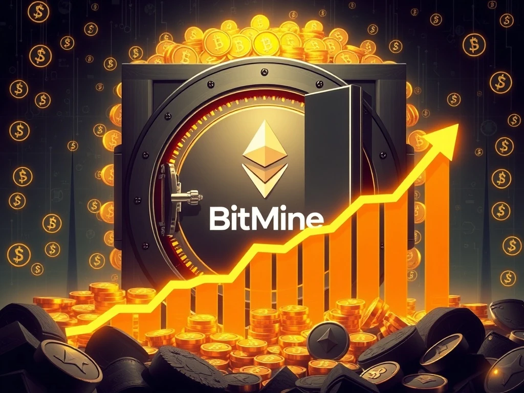 A digital vault overflowing with Ether symbols, representing BitMine's record-breaking ETH holdings and its new status as the largest Ethereum treasury.