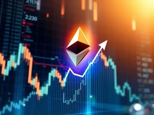 A vibrant chart showing Ethereum (ETHUSDT) price surging upwards, confirming a significant bullish breakout.