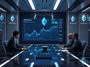 Corporate executives analyzing Ethereum staking yields and DeFi potential in futuristic boardroom