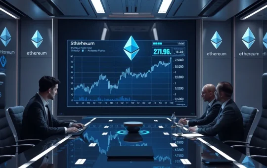 Corporate executives analyzing Ethereum staking yields and DeFi potential in futuristic boardroom