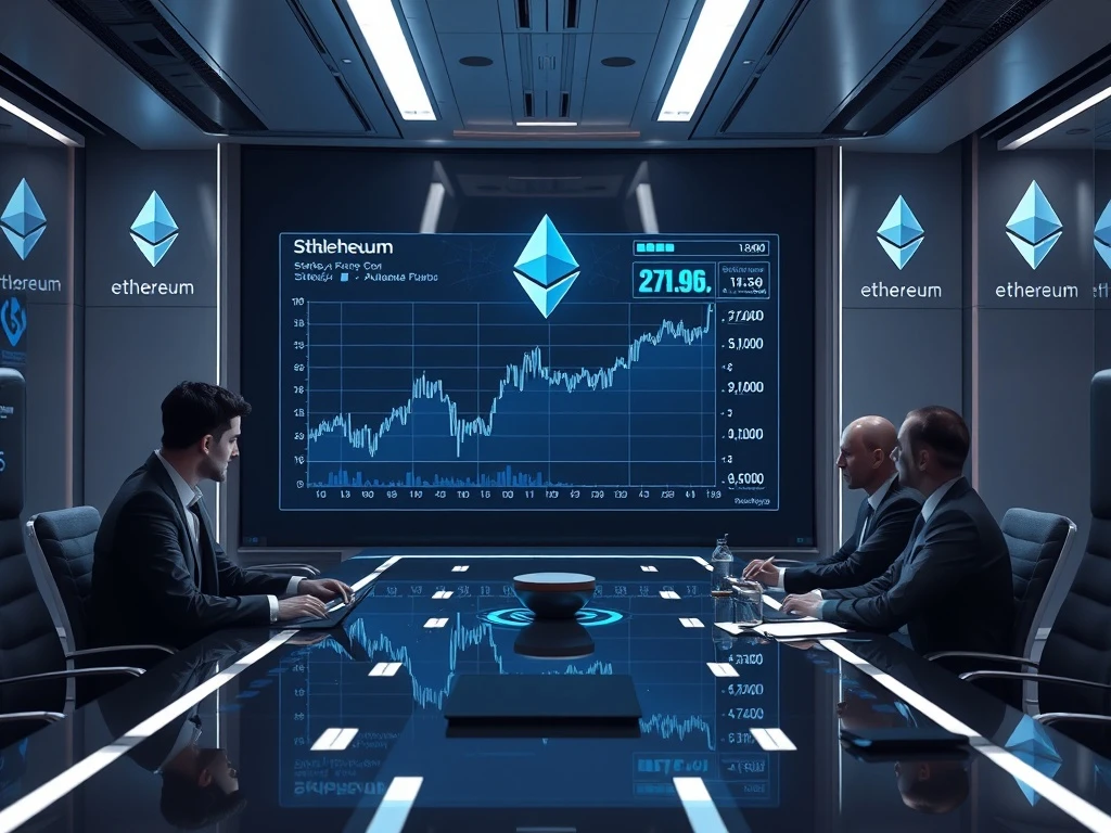 Corporate executives analyzing Ethereum staking yields and DeFi potential in futuristic boardroom