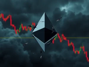 A cracked Ethereum logo symbolizing the potential dangers of an Ethereum crash and market volatility.