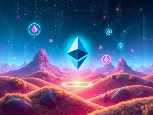 Ethereum blockchain driving DeFi and NFT innovation with vibrant digital elements.