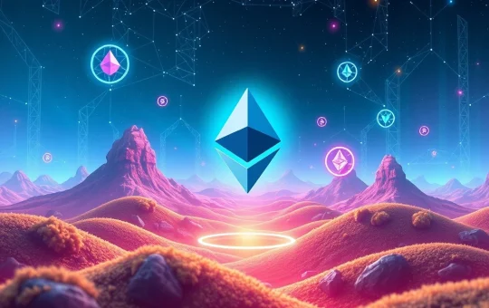 Ethereum blockchain driving DeFi and NFT innovation with vibrant digital elements.