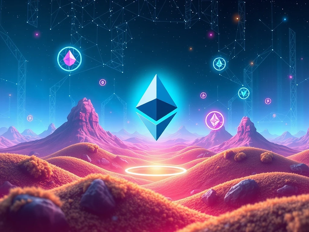 Ethereum blockchain driving DeFi and NFT innovation with vibrant digital elements.