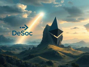 Depicts the intensifying blockchain rivalry as DeSoc's innovative tokenized model challenges Ethereum dominance, symbolizing a pivotal shift in decentralized finance.
