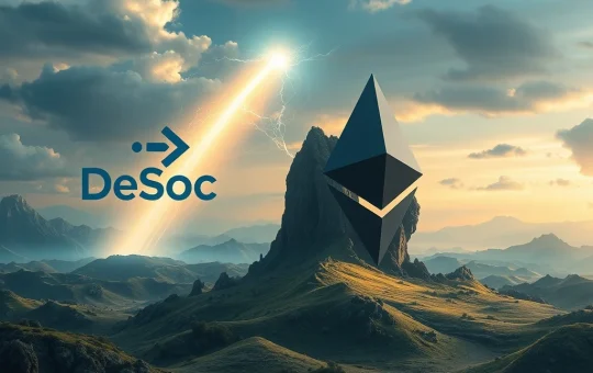 Depicts the intensifying blockchain rivalry as DeSoc's innovative tokenized model challenges Ethereum dominance, symbolizing a pivotal shift in decentralized finance.
