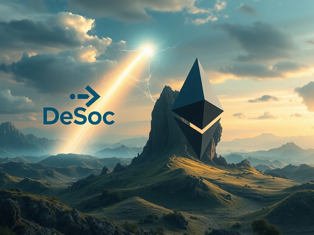 Depicts the intensifying blockchain rivalry as DeSoc's innovative tokenized model challenges Ethereum dominance, symbolizing a pivotal shift in decentralized finance.