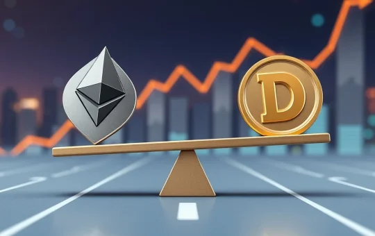 A visual representation of Ethereum and Dogecoin competing on a scale, symbolizing their potential to double in value, focusing on Ethereum price growth.