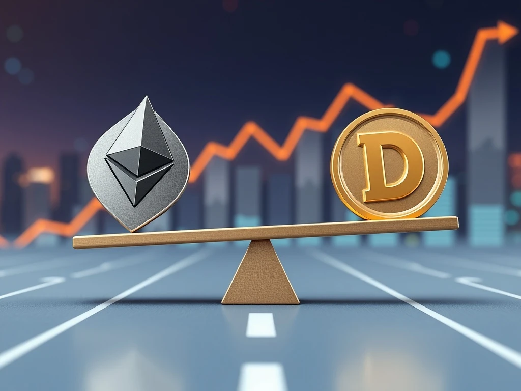 A visual representation of Ethereum and Dogecoin competing on a scale, symbolizing their potential to double in value, focusing on Ethereum price growth.
