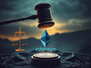 A gavel over a blockchain network, symbolizing the DOJ's alarming scrutiny of Dragonfly's Tornado Cash investment, impacting Ethereum news and crypto regulation.