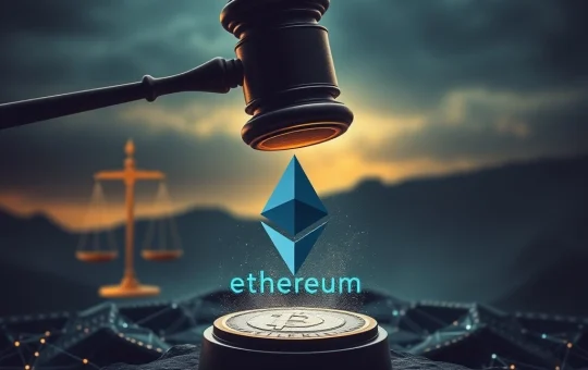 A gavel over a blockchain network, symbolizing the DOJ's alarming scrutiny of Dragonfly's Tornado Cash investment, impacting Ethereum news and crypto regulation.