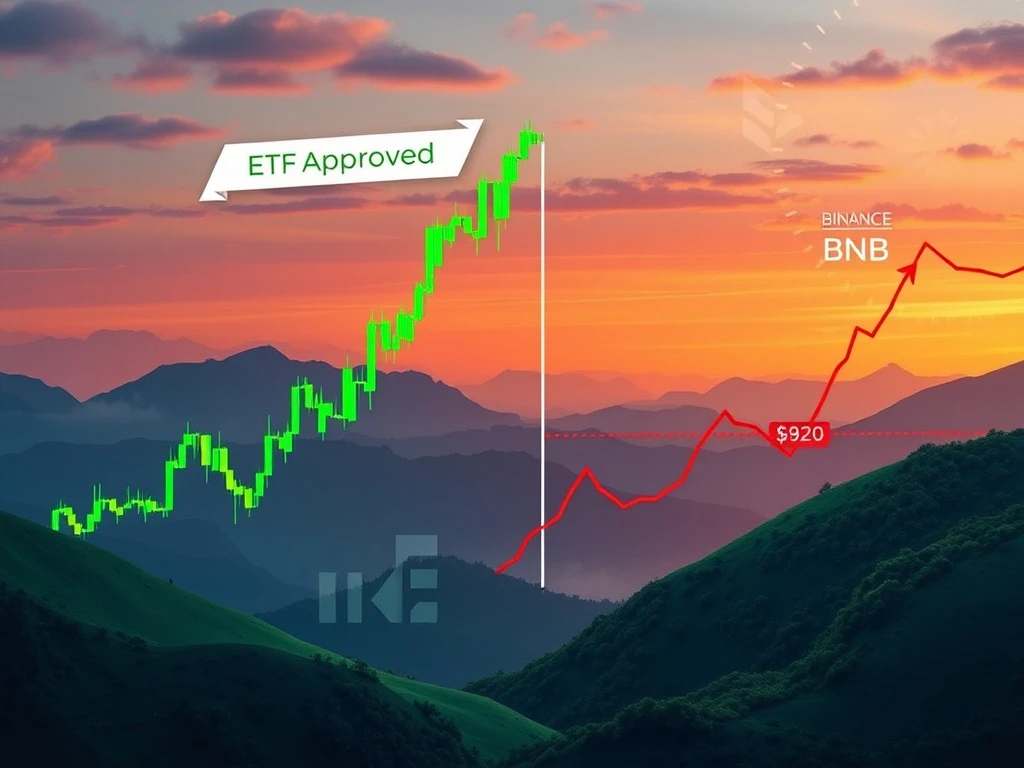 Charts illustrating Ethereum's powerful 50% surge driven by ETF optimism, contrasting with Binance Coin's struggle against an $820 resistance level.
