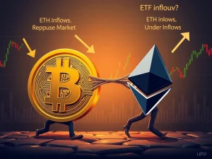 Chart showing Bitcoin dominance surging while Ethereum ETF inflows highlight ETH undervaluation, signaling a crucial shift in crypto market trends.