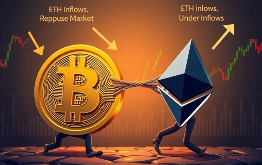 Chart showing Bitcoin dominance surging while Ethereum ETF inflows highlight ETH undervaluation, signaling a crucial shift in crypto market trends.