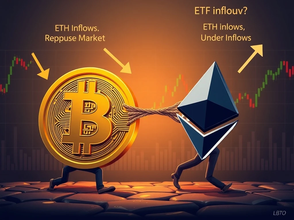 Chart showing Bitcoin dominance surging while Ethereum ETF inflows highlight ETH undervaluation, signaling a crucial shift in crypto market trends.