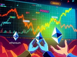 Charts showing Ethereum ETF inflows and the surprising surge of REKT and PENGU meme tokens against a backdrop of a broader crypto market downturn.