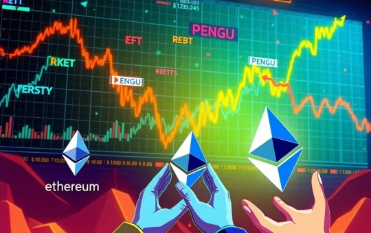 Charts showing Ethereum ETF inflows and the surprising surge of REKT and PENGU meme tokens against a backdrop of a broader crypto market downturn.
