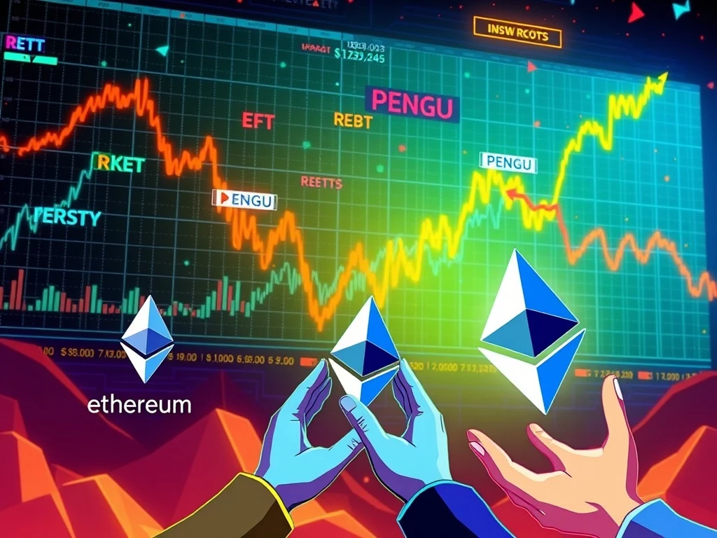 Charts showing Ethereum ETF inflows and the surprising surge of REKT and PENGU meme tokens against a backdrop of a broader crypto market downturn.