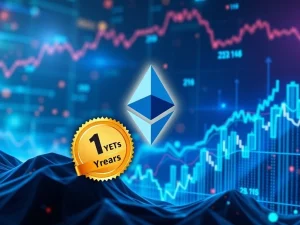 Charts showing rapid growth and the Ethereum logo, representing the phenomenal first year performance of Ethereum ETFs and their impact on crypto investment.