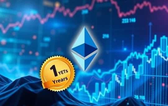 Charts showing rapid growth and the Ethereum logo, representing the phenomenal first year performance of Ethereum ETFs and their impact on crypto investment.