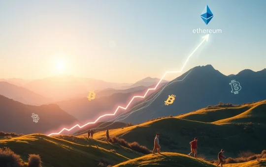A financial chart illustrating Ethereum ETFs experiencing significant AUM growth and surpassing Bitcoin ETF performance due to surging institutional demand.