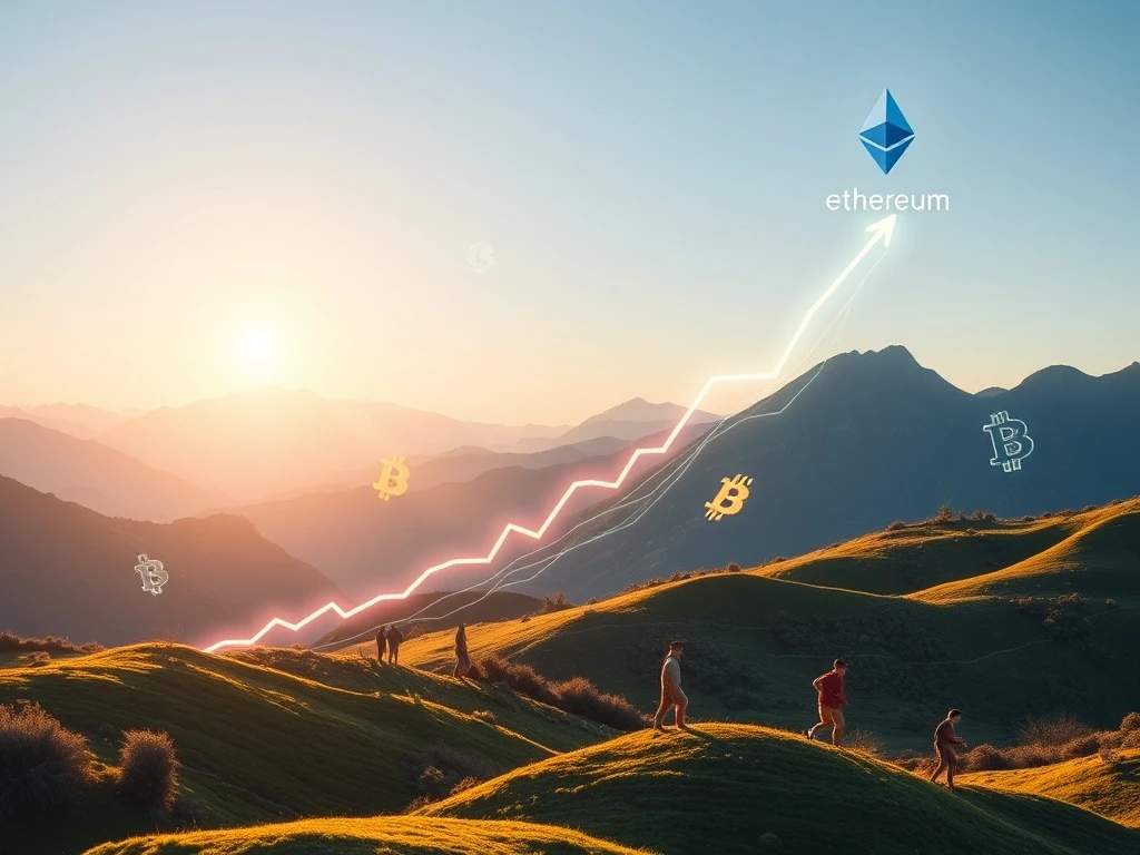 A financial chart illustrating Ethereum ETFs experiencing significant AUM growth and surpassing Bitcoin ETF performance due to surging institutional demand.