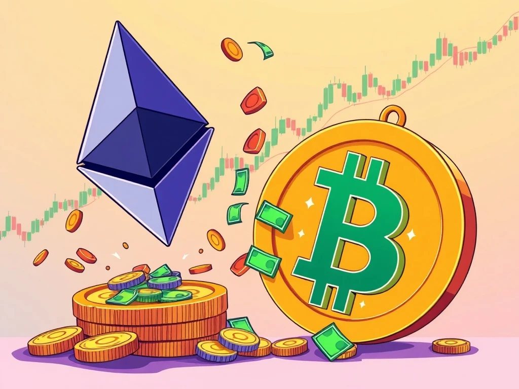 An illustration showing significant capital flowing into Ethereum ETFs, symbolizing their growing dominance over Bitcoin in crypto investment.