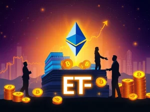 Visualizing the explosive growth of Ethereum ETFs, with financial charts soaring upwards and institutional money flowing into the crypto market.
