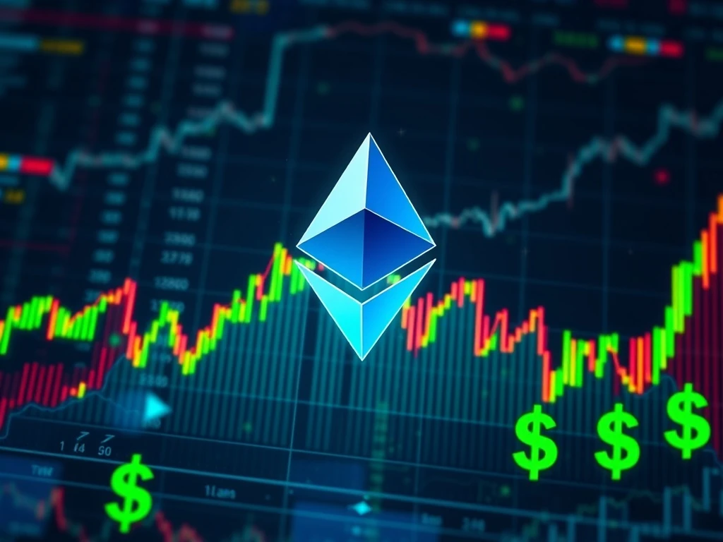 Visualizing the explosive growth of Ethereum ETFs, with financial charts soaring upwards and institutional money flowing into the crypto market.