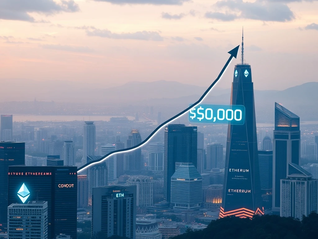 A chart showing an ambitious Ethereum price prediction, with ETH rising towards $10,000, driven by corporate treasury adoption.