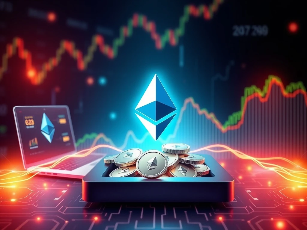 An illustration of Ethereum (ETH) tokens moving from crypto exchange platforms, symbolizing the significant ETH withdrawal and the resulting bullish market speculation.