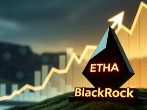 BlackRock's ETHA Ethereum ETF reaching $10 billion, symbolizing its rapid growth and impact on the crypto ETF market.
