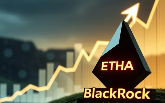 A visual representation of BlackRock's ETHA Ethereum ETF reaching $10 billion in assets, symbolizing rapid growth and institutional interest in digital assets.