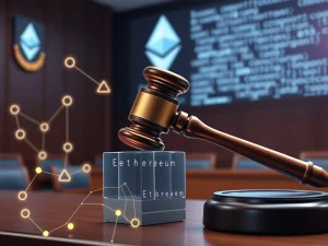 A digital gavel striking a blockchain, symbolizing the crucial legal battle over Ethereum fraud charges and MEV bot exploits.