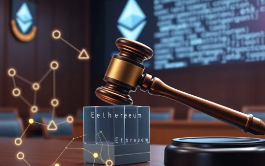 A digital gavel striking a blockchain, symbolizing the crucial legal battle over Ethereum fraud charges and MEV bot exploits.