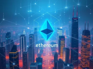 Ethereum as the foundation of global finance in a futuristic digital cityscape