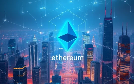 Ethereum as the foundation of global finance in a futuristic digital cityscape