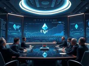 Depicts a professional setting with charts showing rising Ethereum institutional adoption, symbolizing the growing interest in ETH treasury strategies.