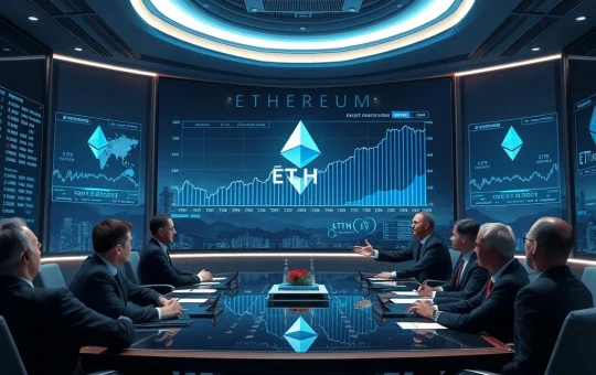 Depicts a professional setting with charts showing rising Ethereum institutional adoption, symbolizing the growing interest in ETH treasury strategies.
