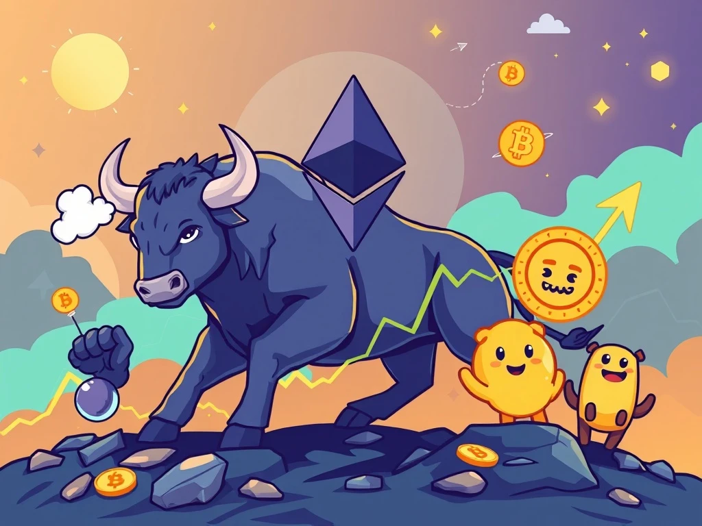 A visual representation of the crypto market's dynamic energy, with Ethereum's strength boosting various Ethereum meme coins to new heights, symbolizing growth and excitement.