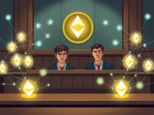 Courtroom scene illustrating the Ethereum MEV theft trial of the Peraire-Bueno brothers, highlighting blockchain security concerns.
